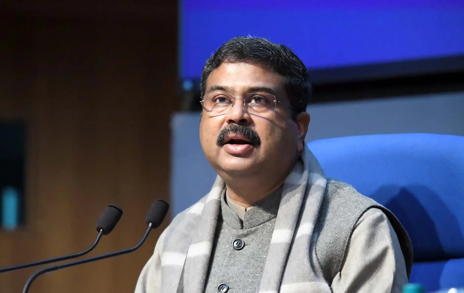 Shri Dharmendra Pradhan, Union Minister, holding a press conference in New Delhi.