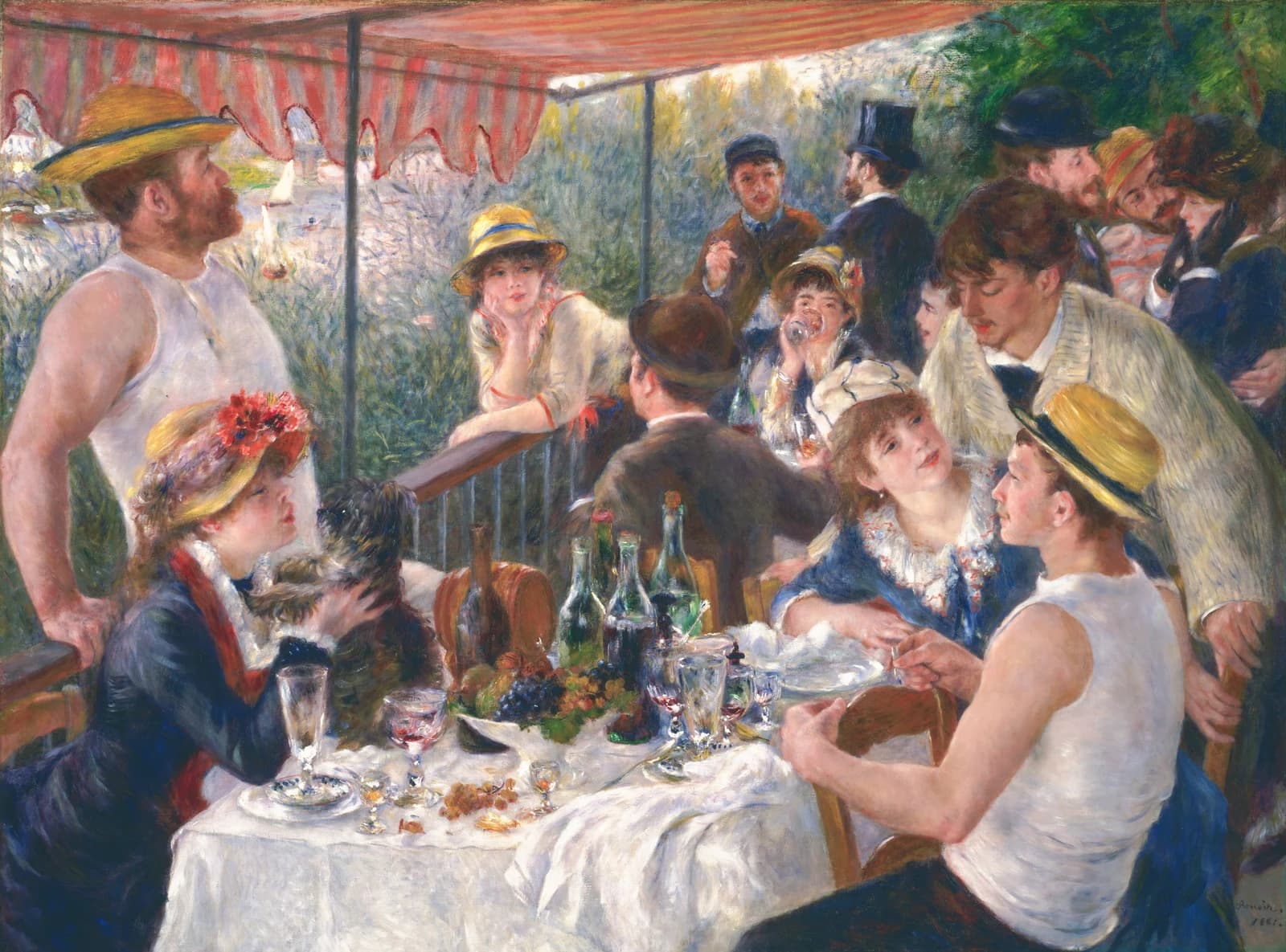 People dining and socializing on a balcony overlooking a river in Renoir's painting.
