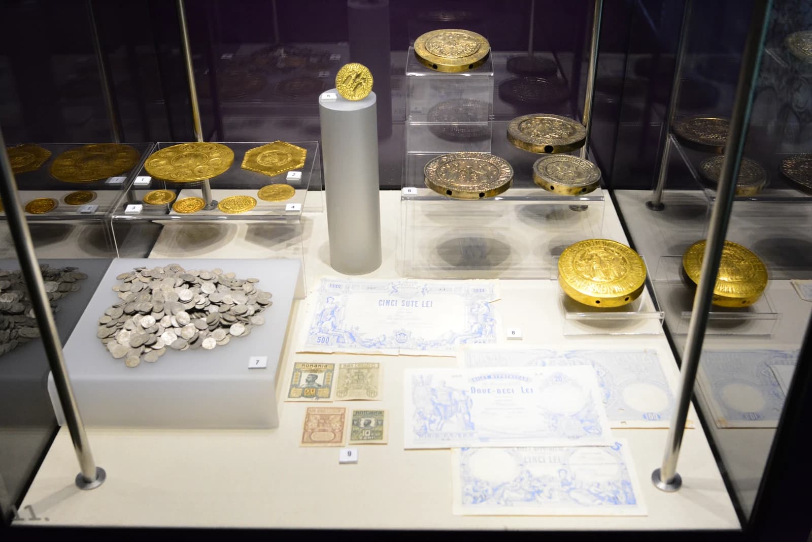 Various historical gold and silver coins and old Romanian banknotes displayed in a museum.