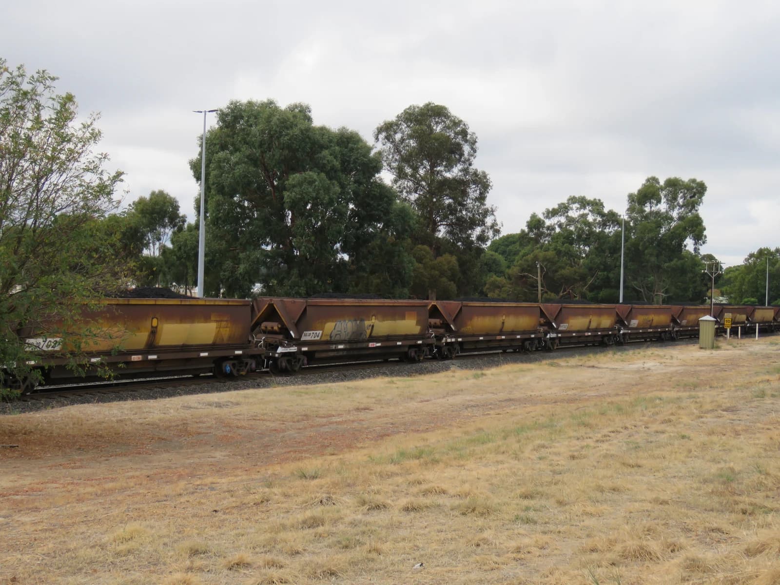 Loaded coal train on tracks passing through a landscape in Collie, Australia.