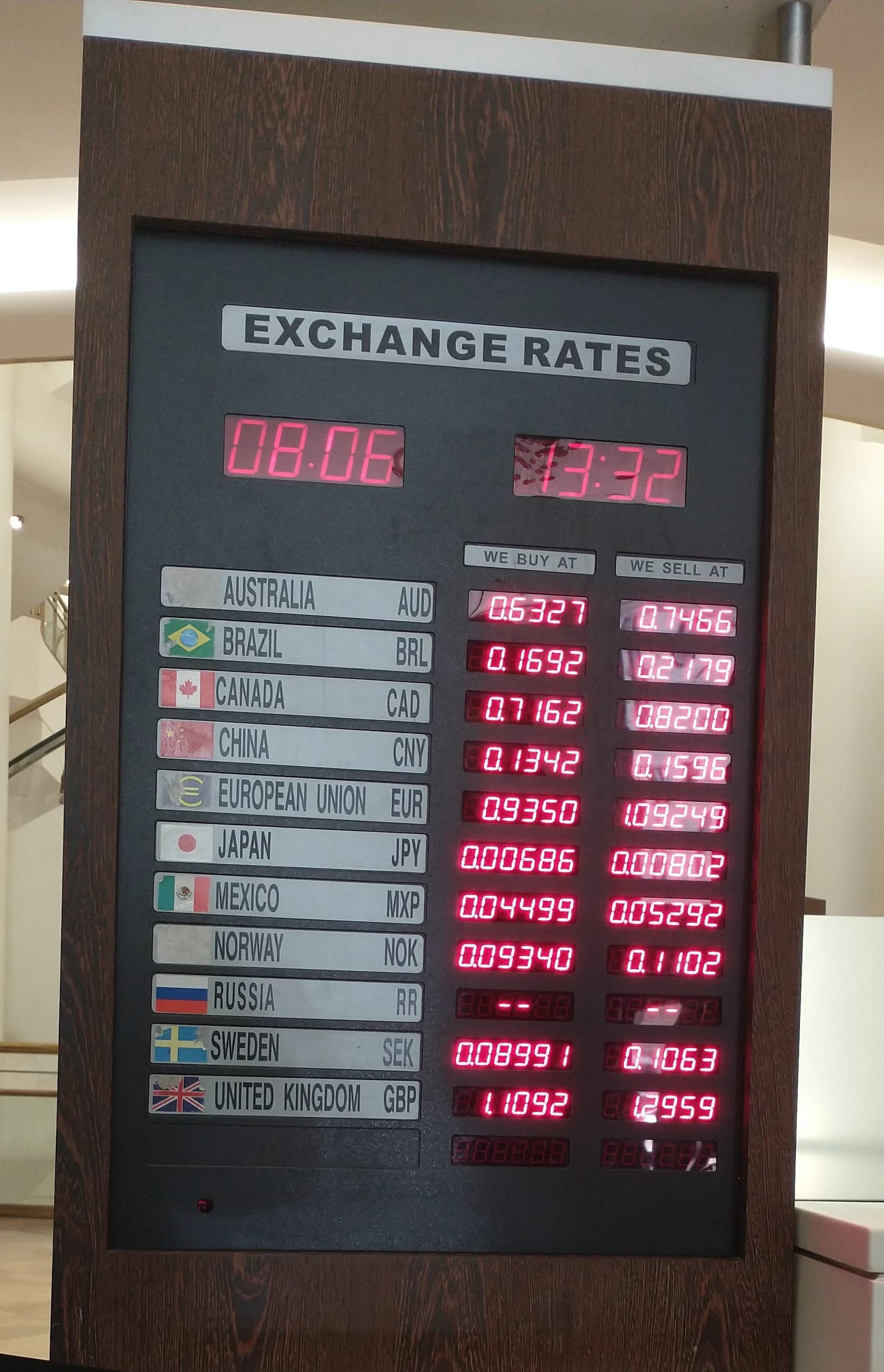 An electronic display board showing currency exchange rates for buying and selling various international currencies.