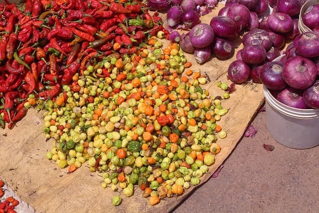Red peppers, green and orange peppers, and red onions on display at a market.