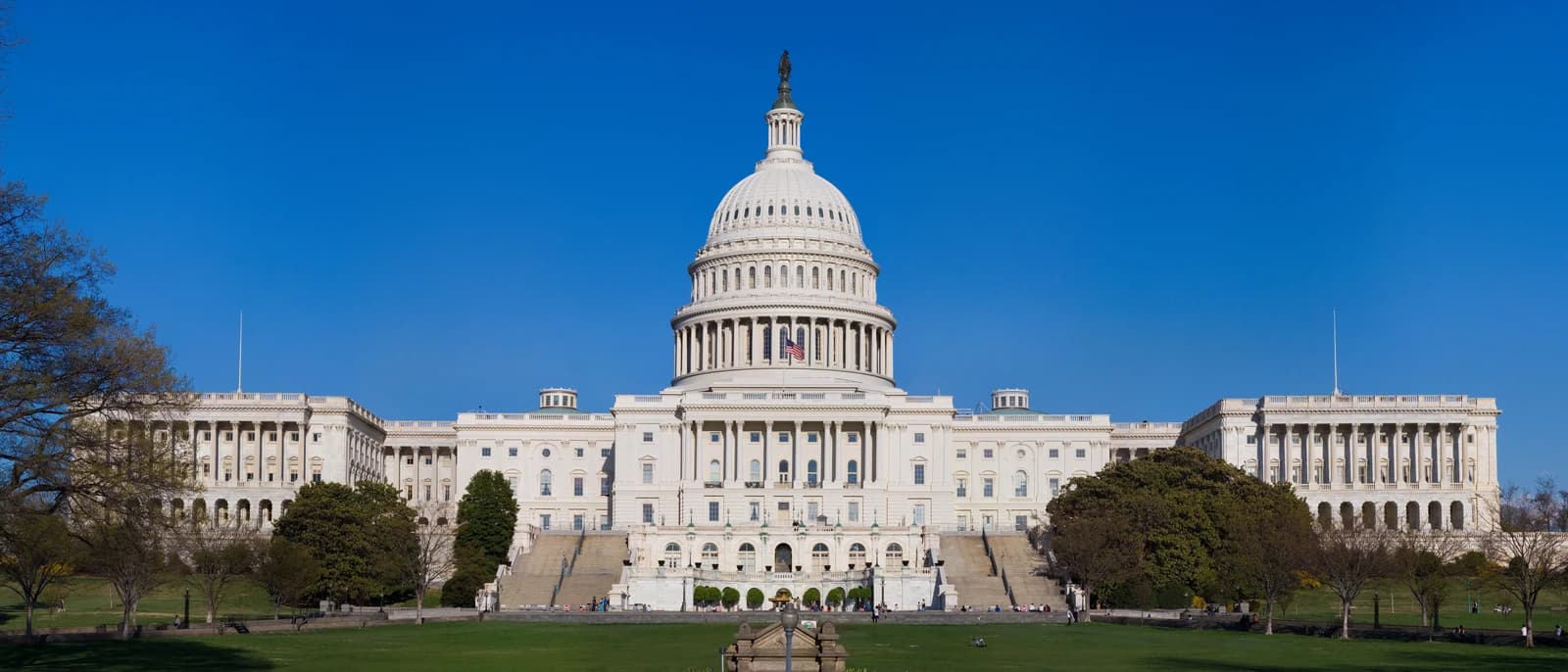 The United States Capitol Building stands prominently against a clear blue sky.
