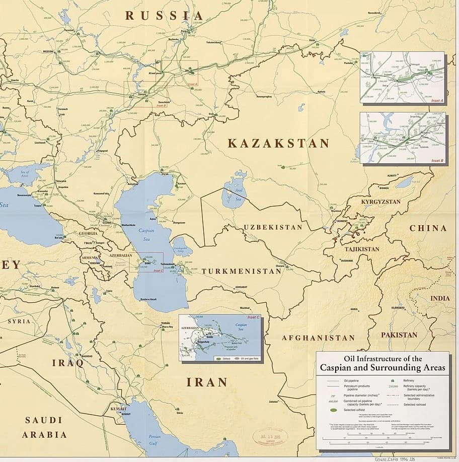 Map of Caspian Sea region showing oil and gas infrastructure, pipelines, and country borders.