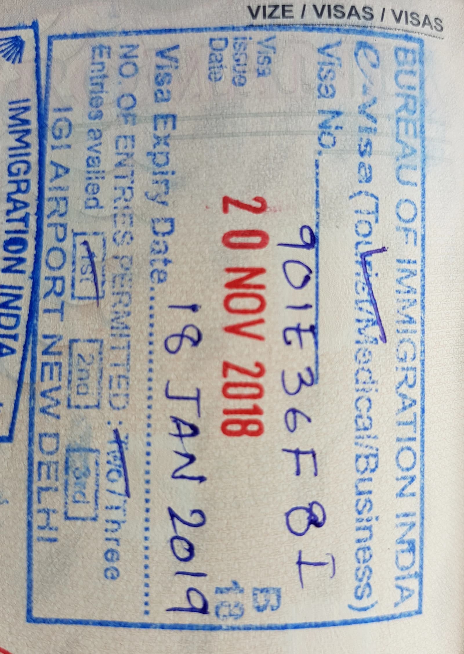 Close-up of an Indian e-Visa stamp in a passport, showing visa details.