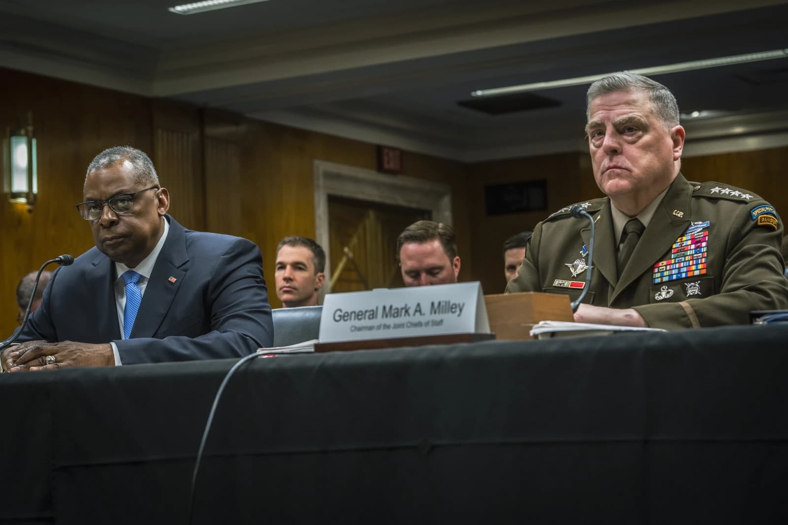 Secretary of Defense Lloyd Austin and General Mark Milley attending a Senate Appropriations Subcommittee hearing.