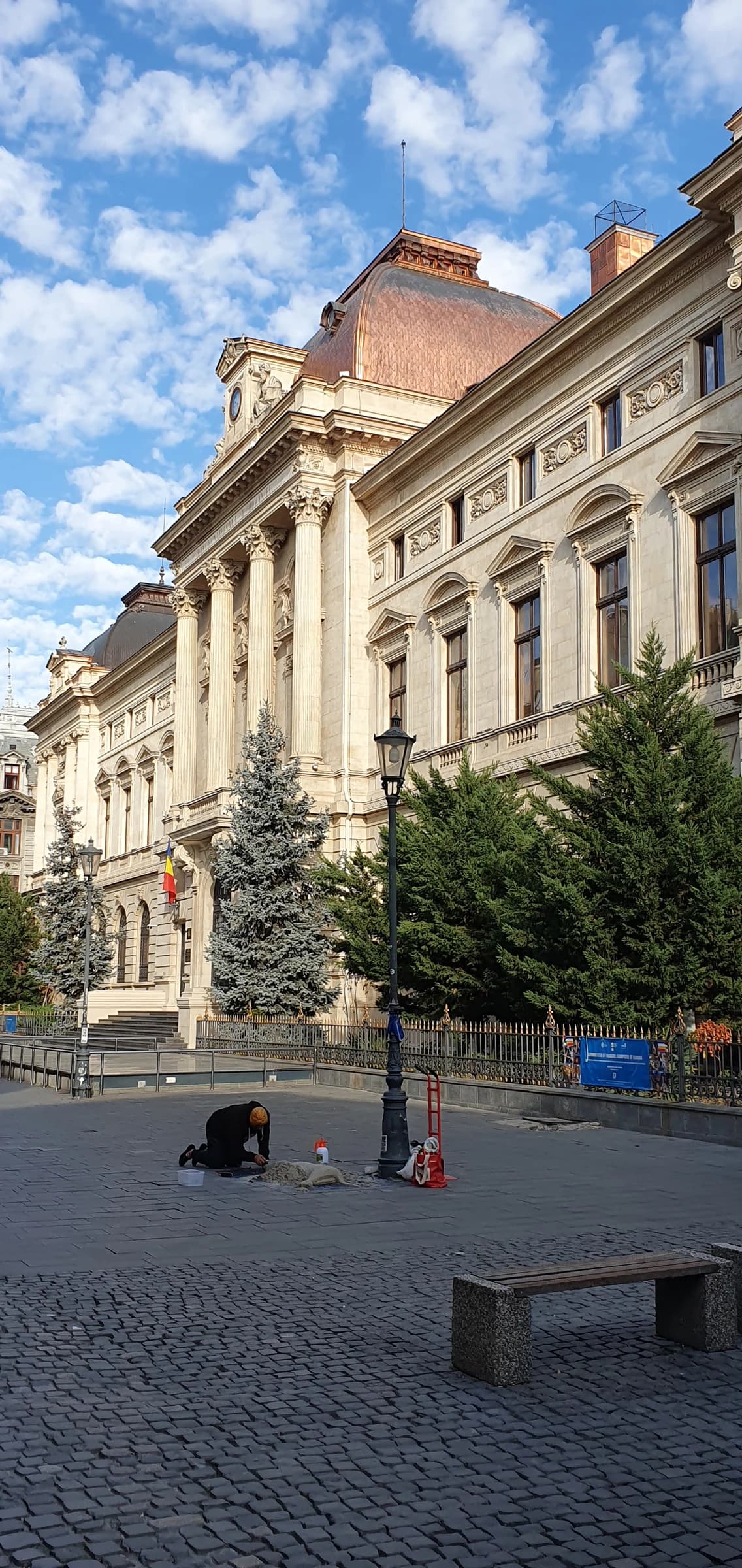 Exterior of the National Bank of Romania old building in Bucharest, columns visible.