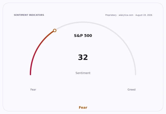 A sentiment gauge dial for S&P 500 showing a reading of 32, in the 'Fear' zone.