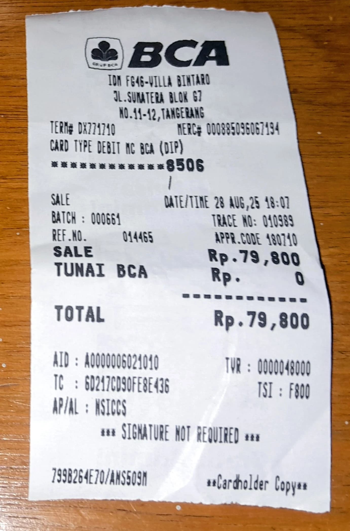 Close-up of a BCA payment terminal receipt showing a transaction in South Tangerang.