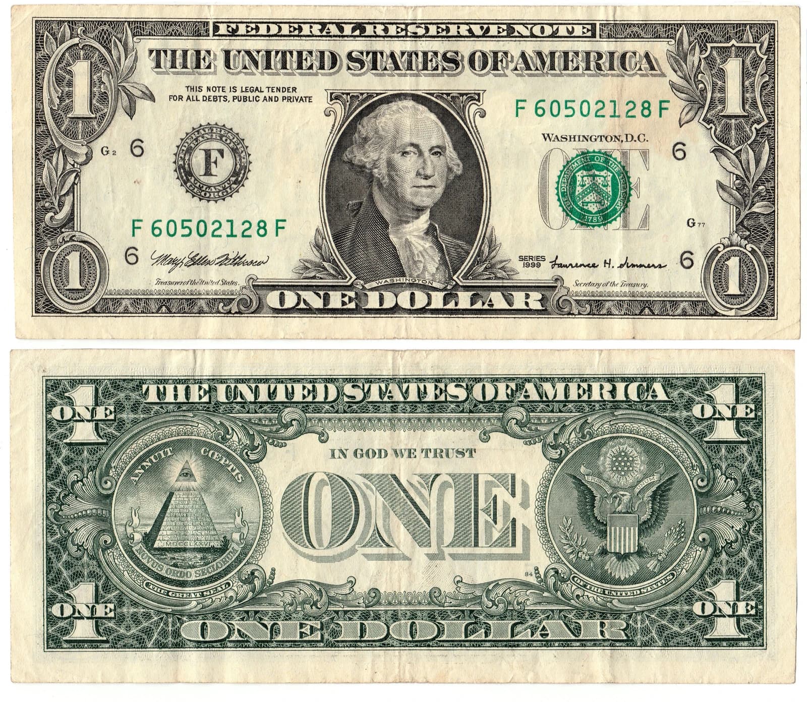 One dollar United States banknote, showing both its front and back sides.