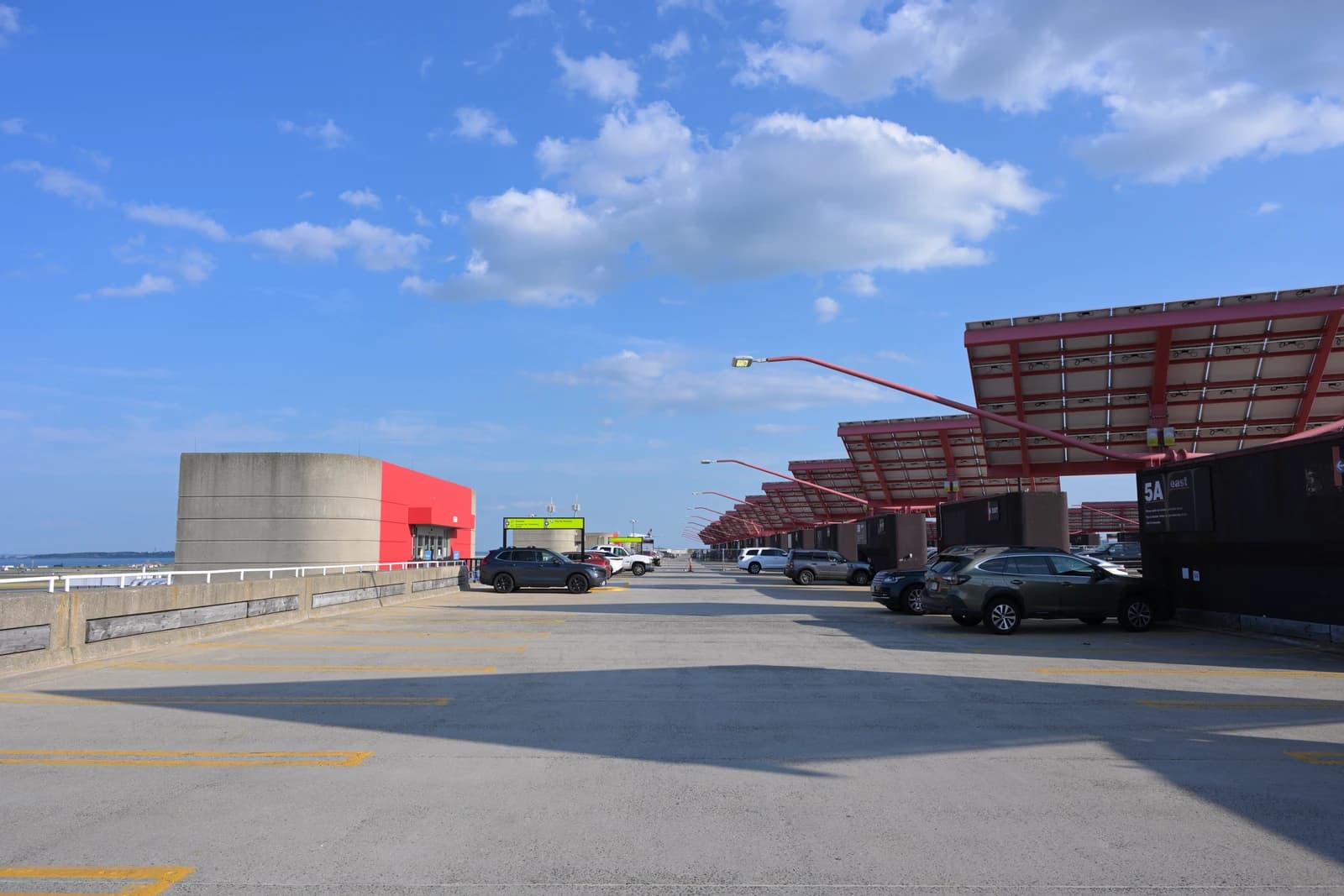 Solar panels cover a parking garage roof at Boston Logan Airport.