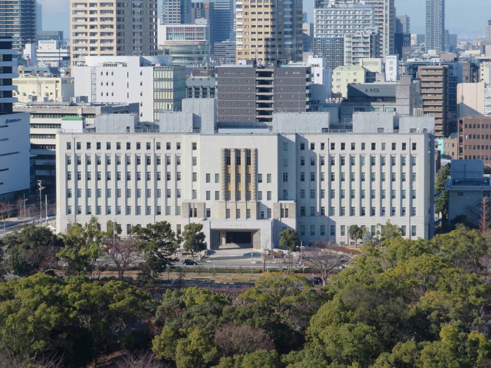 Osaka Prefectural Government Main Building, a large stone building with many windows.