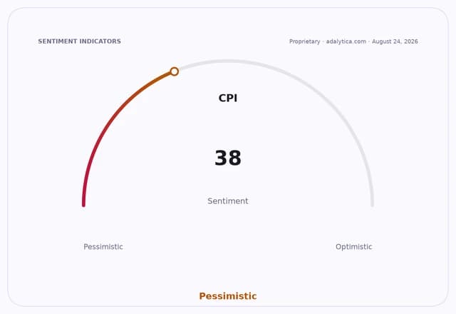 A sentiment gauge dial showing CPI sentiment at 38, labeled as Pessimistic.