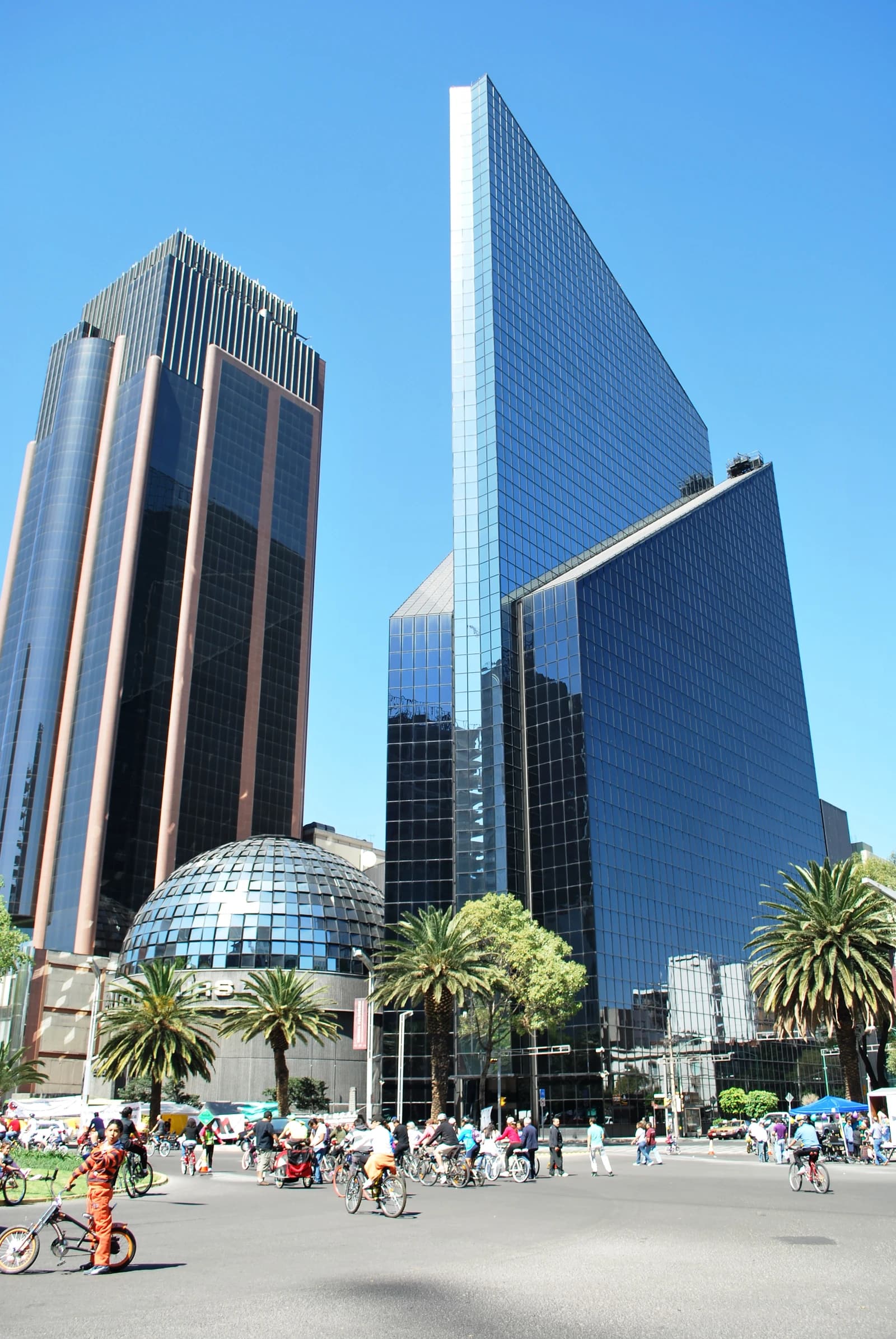 Exterior view of the Mexican Stock Exchange building and other skyscrapers in Mexico City.