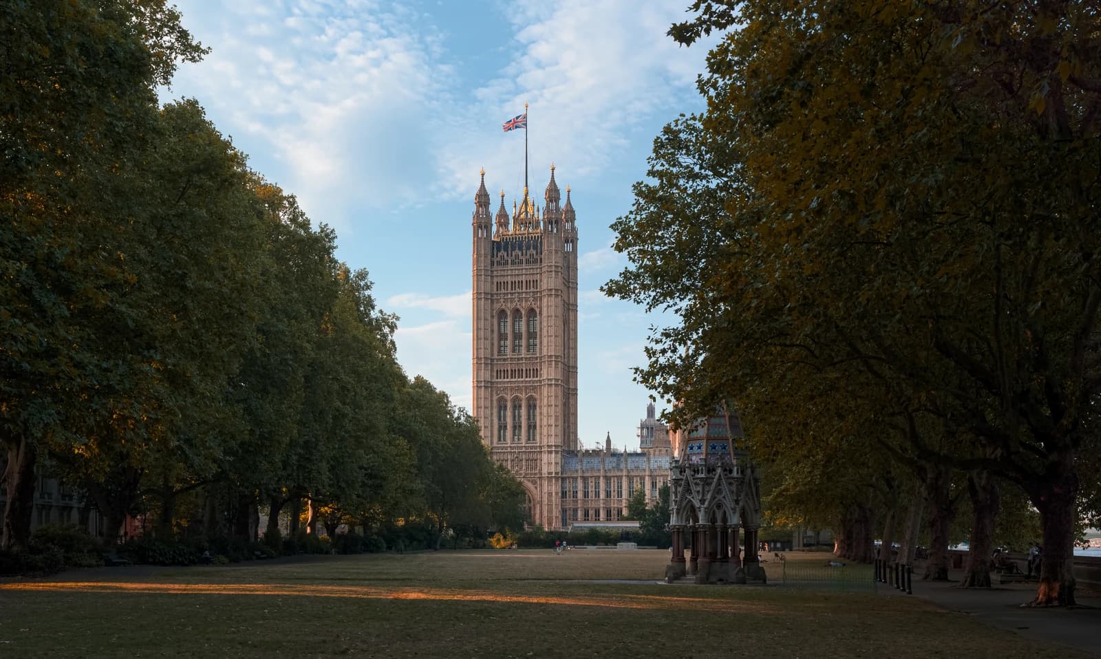 Victoria Tower, part of the Palace of Westminster, viewed from Victoria Tower Gardens, London.