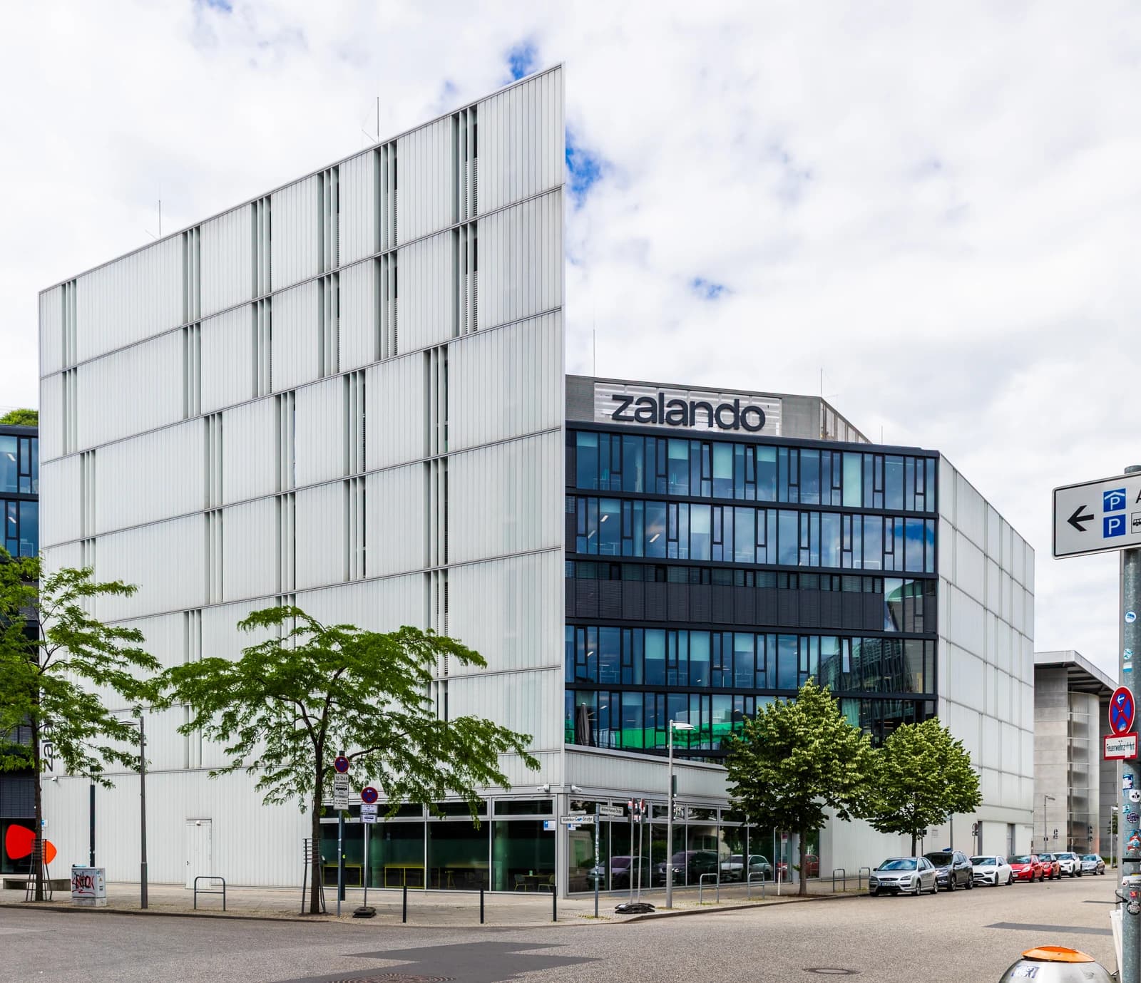 Exterior view of the Zalando SE Headquarters building in Berlin, Germany.
