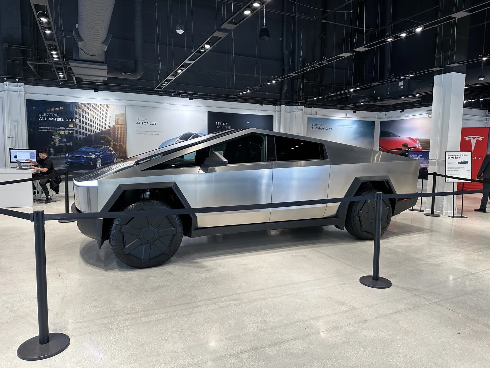 A Tesla Cybertruck is displayed indoors at a showroom in Miami.