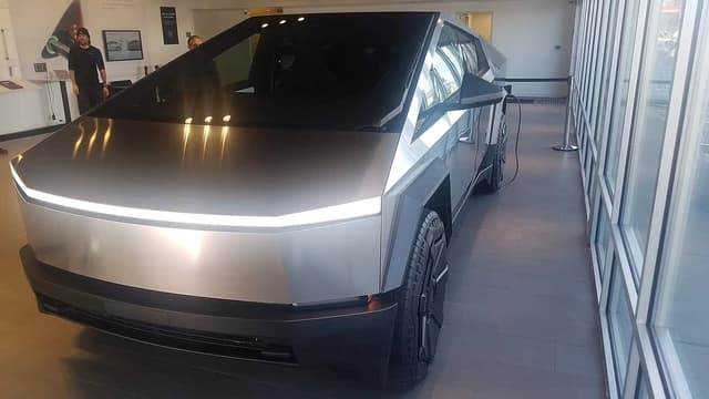 Production-level Tesla Cybertruck on display in Denver, Colorado showroom.