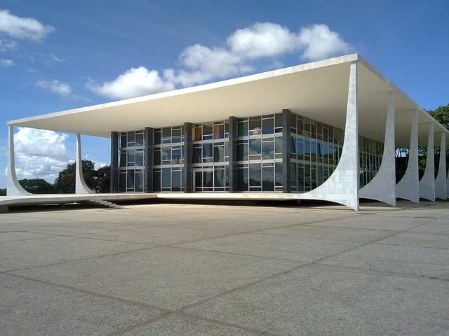 Supremo Tribunal Federal building, a modernist structure with a large overhanging roof and glass facade.