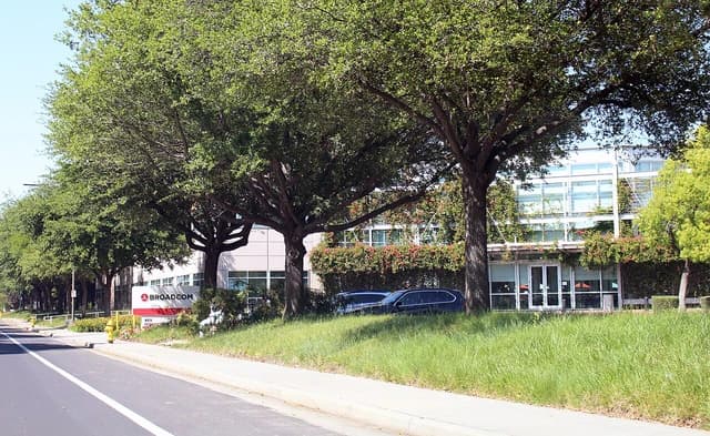 Broadcom Headquarters building in San Jose, California, seen from the street.