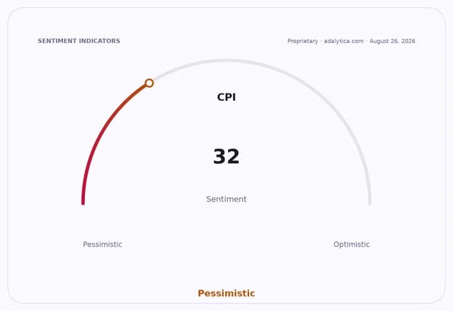 A sentiment gauge showing CPI sentiment at 32, indicating a pessimistic outlook.