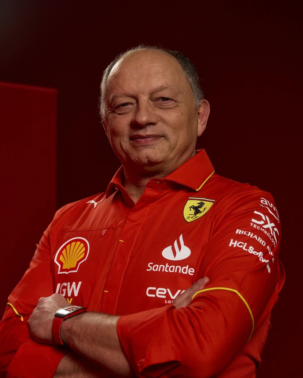 Frédéric Vasseur, Ferrari Team Principal, poses for a portrait in a red team shirt.