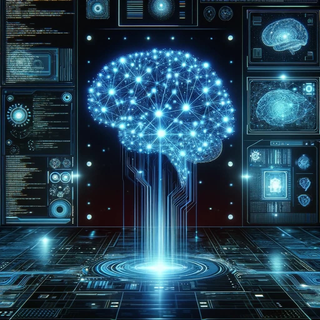 An illuminated digital brain with interconnected nodes rises from a complex circuit board.