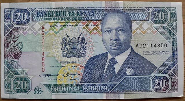 Kenyan 20 shilling banknote with the portrait of President Daniel Arap Moi.