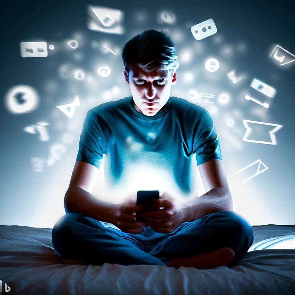 Young person sitting on a bed in the dark, holding and looking at a smartphone.