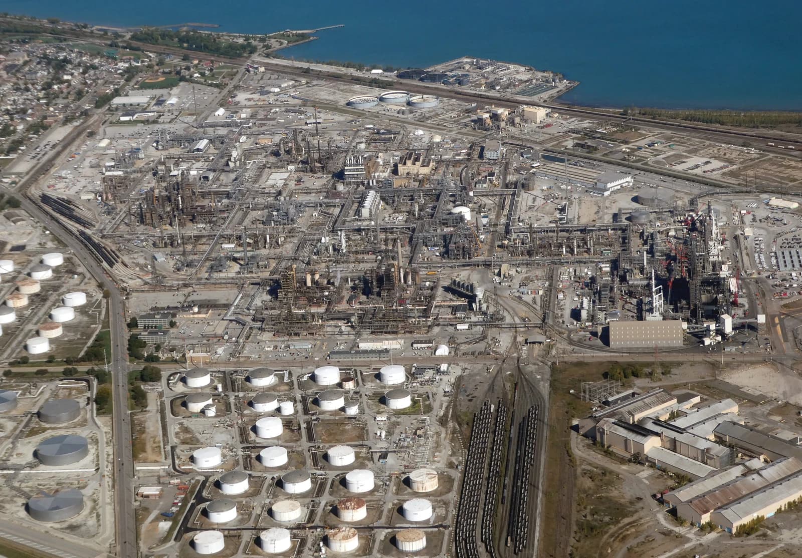 Aerial view of the Whiting Refinery showing industrial structures and storage tanks.