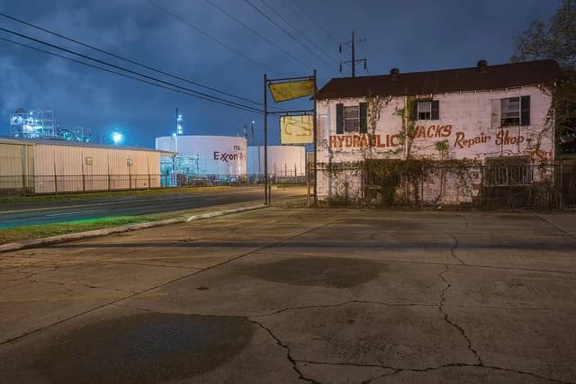 An illuminated ExxonMobil refinery with storage tanks visible from a street.
