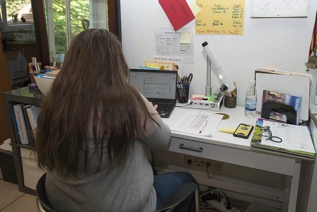 Teacher sitting at a desk with a laptop and papers, seen from behind.