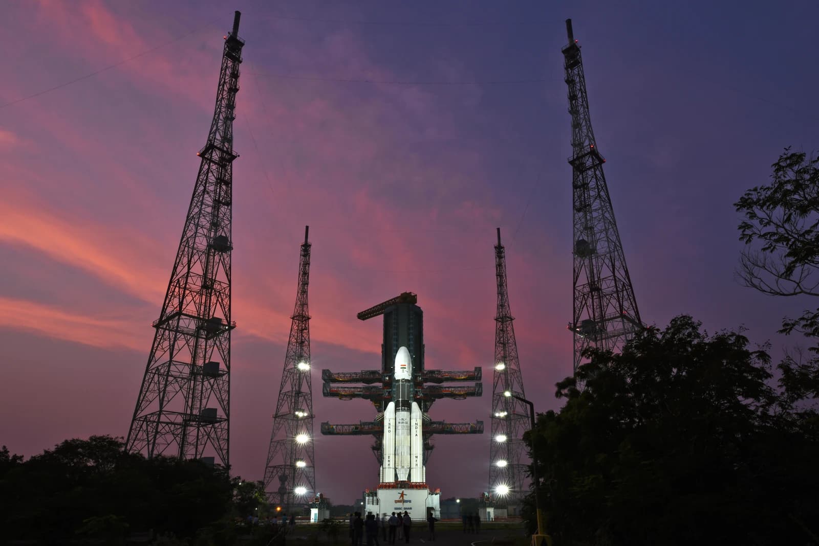 ISRO's GSLV Mk III D2 rocket on launch pad at Satish Dhawan Space Centre at dusk.
