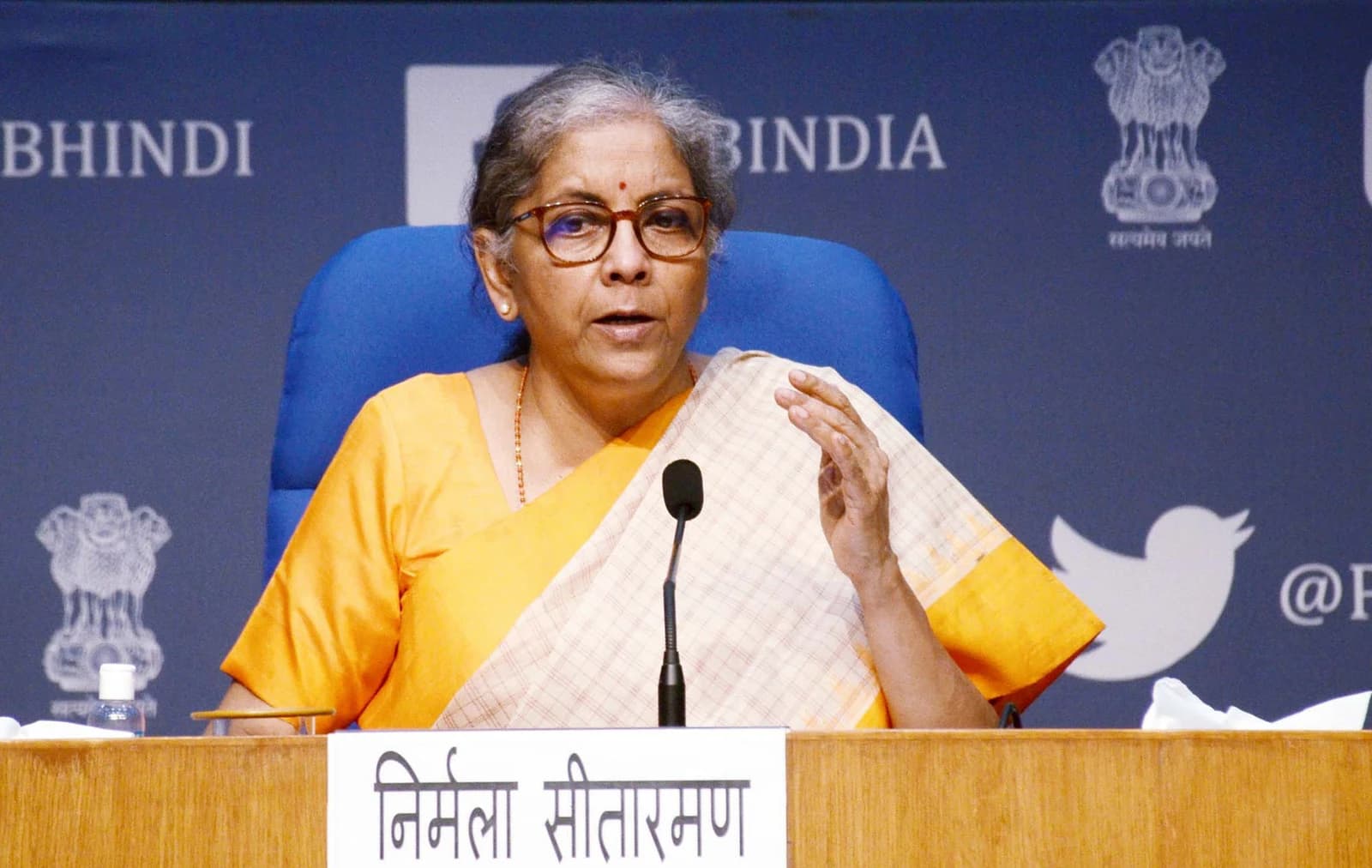 Nirmala Sitharaman, Union Minister for Finance and Corporate Affairs, speaks at a press conference.