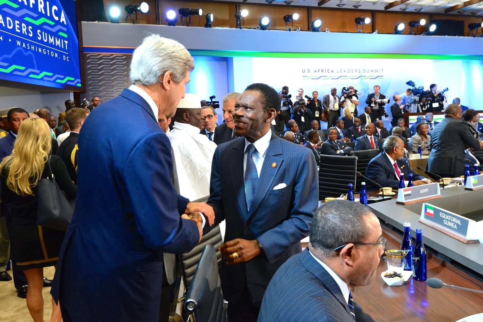 Secretary of State John Kerry shakes hands with President Obiang Nguema Mbasogo of Equatorial Guinea.