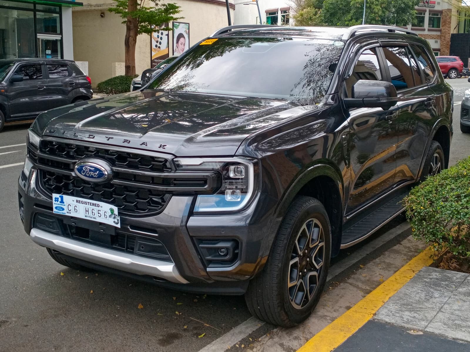 Dark grey Ford Everest Wildtrak SUV parked on a city street.