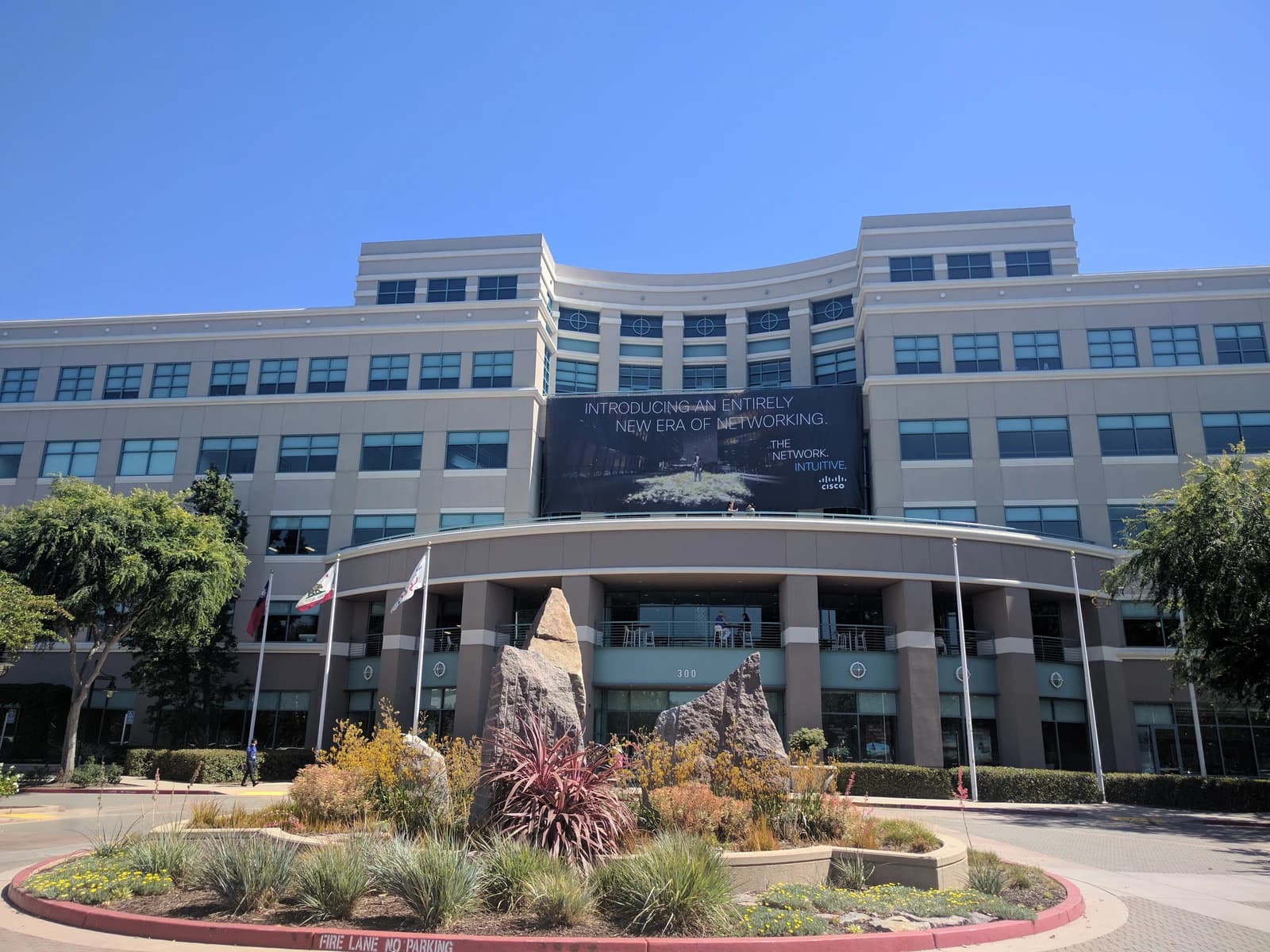 Exterior view of the Cisco Systems corporate headquarters building in San Jose, California.