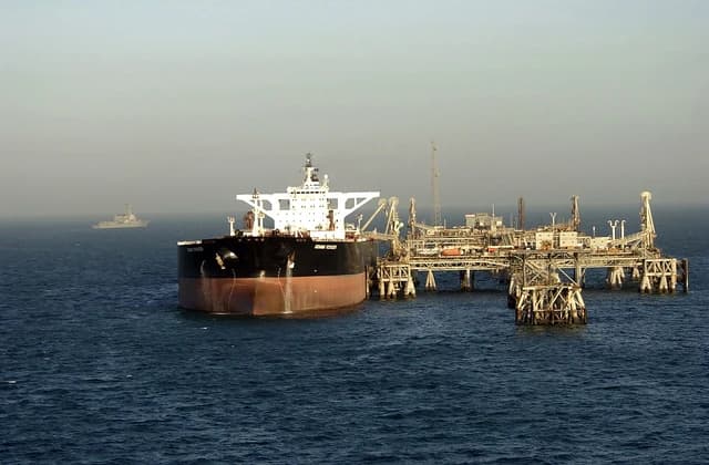 USS Preble destroyer patrols near Al Basrah Oil Terminal, tanker loading crude oil.