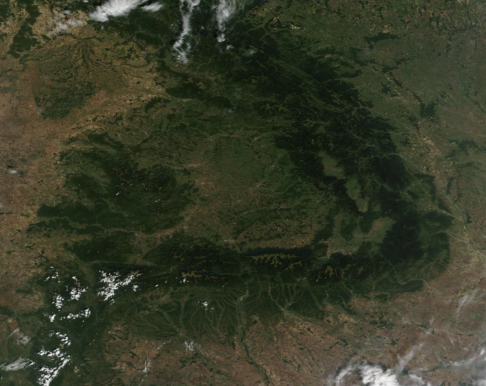 Satellite image of Eastern Europe showing the Carpathian Mountains and surrounding dry land.