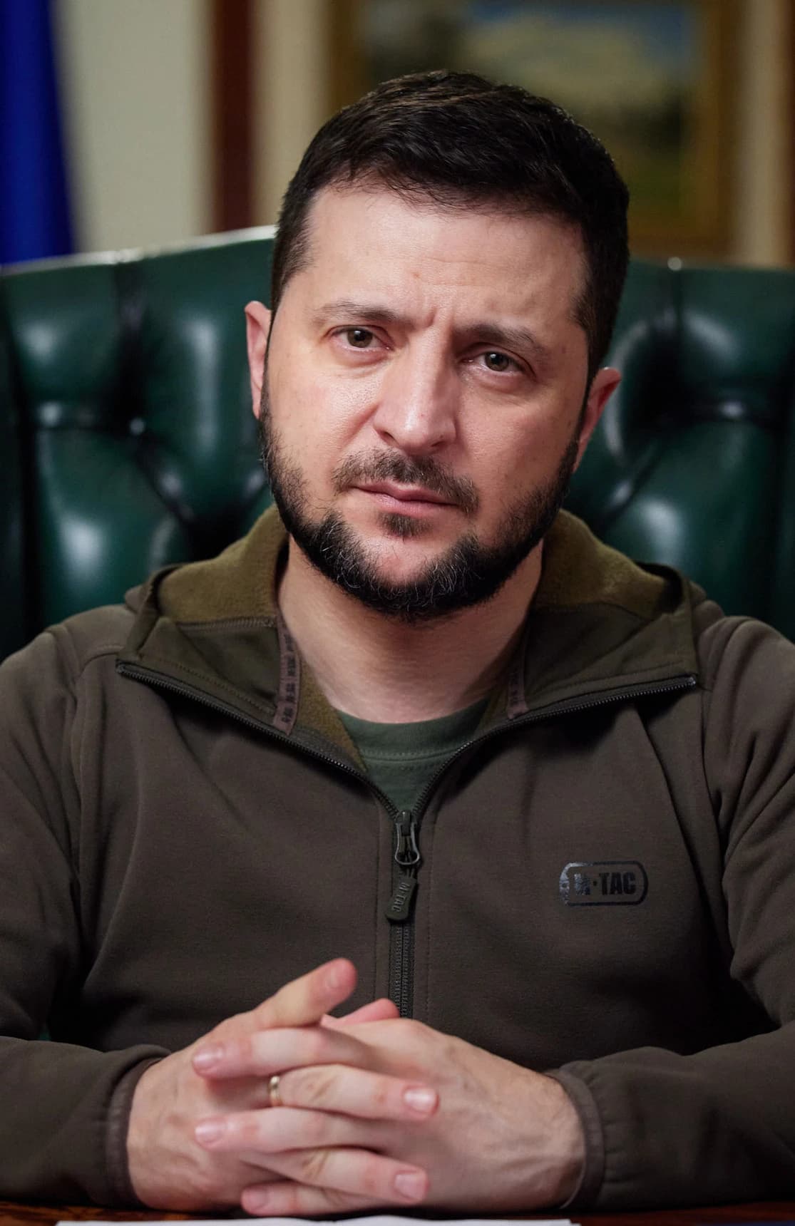 Volodymyr Zelenskyy, President of Ukraine, looking directly at the camera.