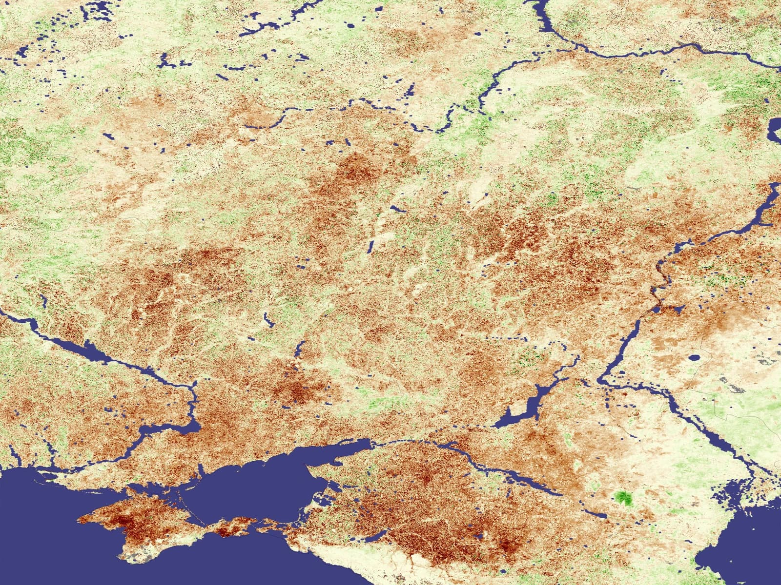 Satellite image depicting stressed crops and vegetation across Ukraine and Russia.