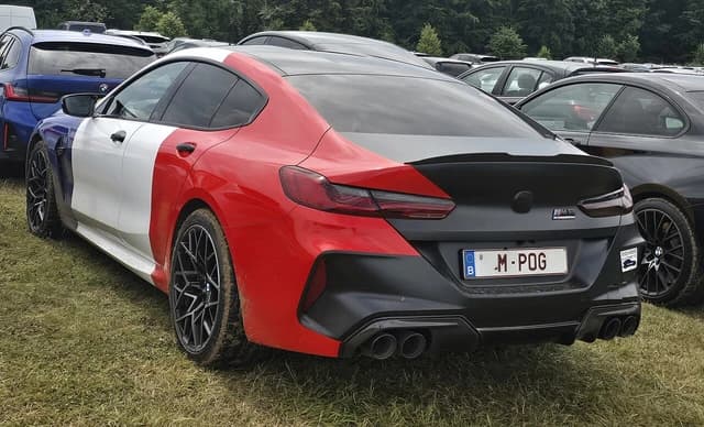 Rear view of a BMW 8 Series car parked in a grassy area.
