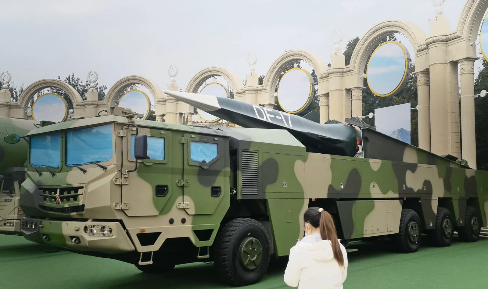 Chinese DF-17 hypersonic missile displayed on a transporter-erector-launcher vehicle.
