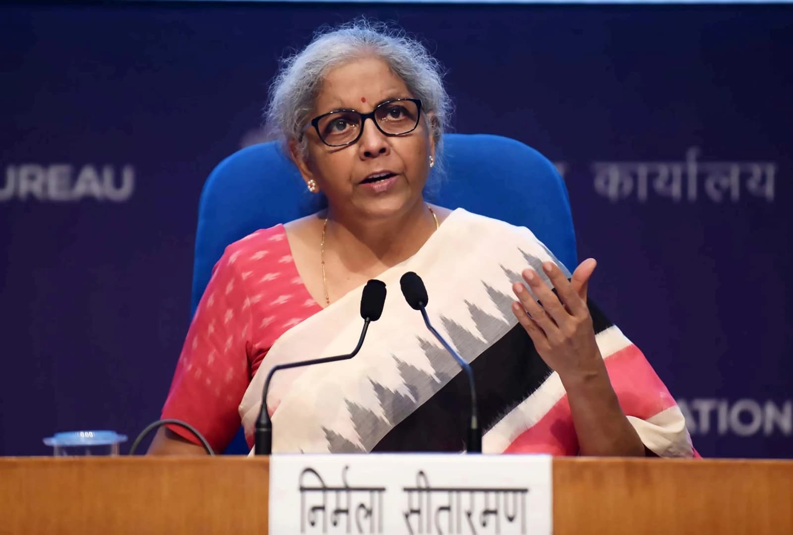 Nirmala Sitharaman, Union Minister for Finance and Corporate Affairs, addressing a press conference.
