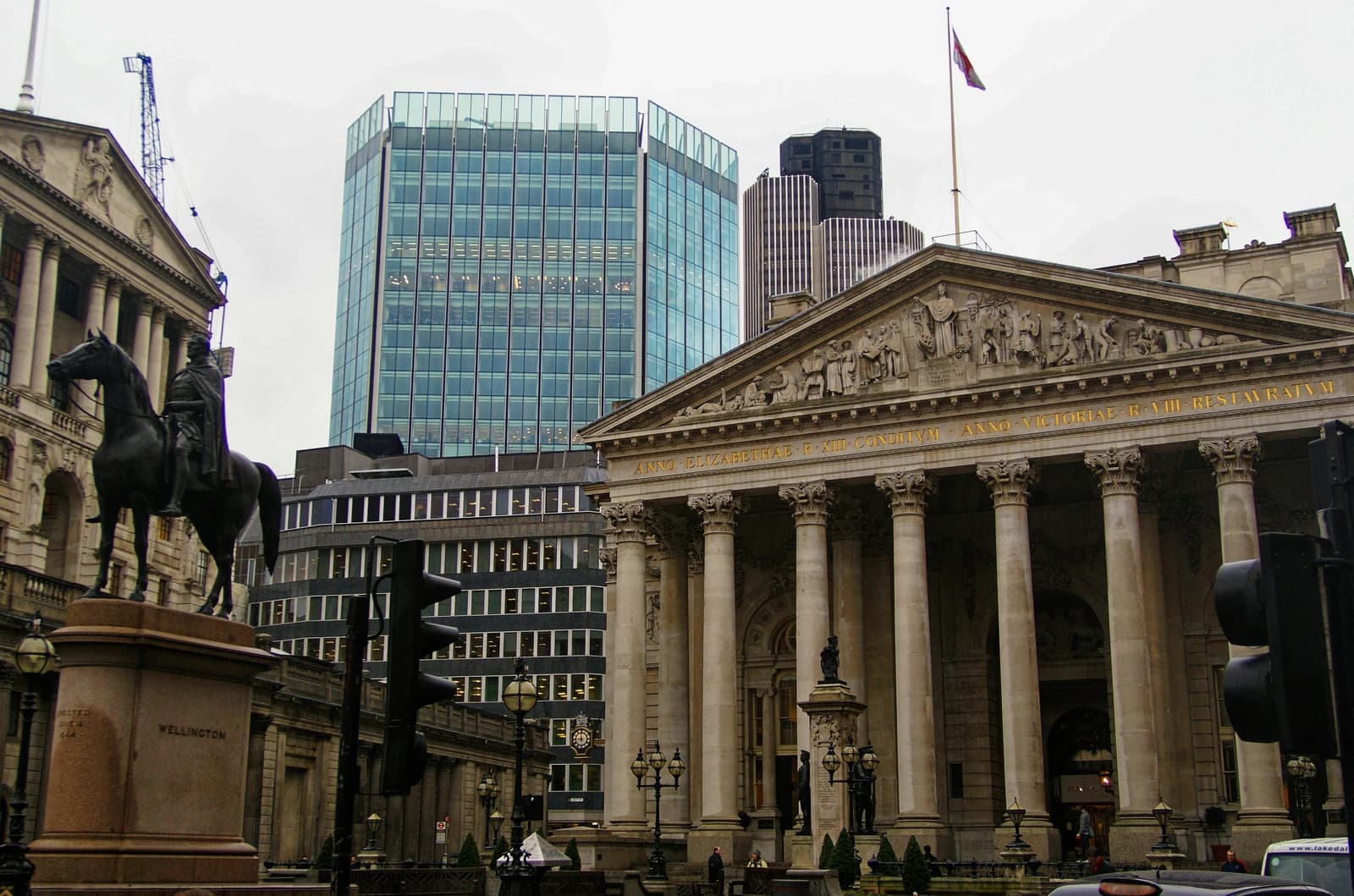 Exterior view of the Royal Exchange and Bank of England in London, England.
