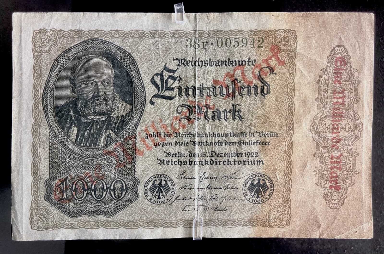 One thousand Mark German Weimar Republic banknote from 1922, overprinted to one billion Marks.
