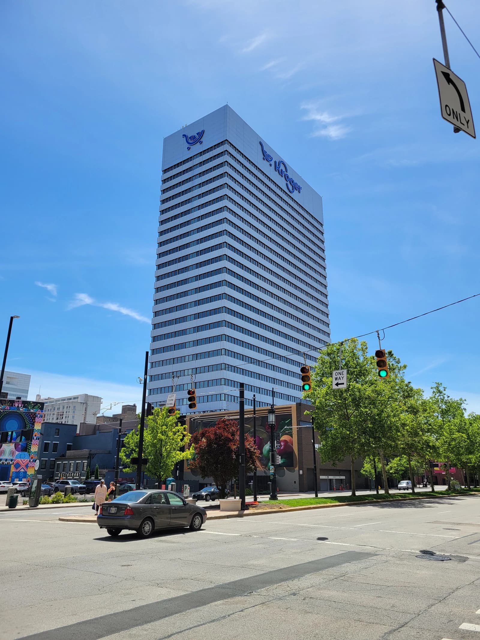Exterior view of the Kroger corporate headquarters building from across a city street.