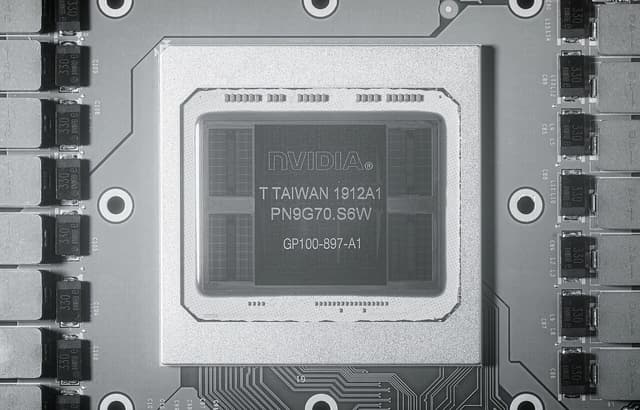 Close-up of an Nvidia GP100-897-A1 chip with part numbers and manufacturing details.