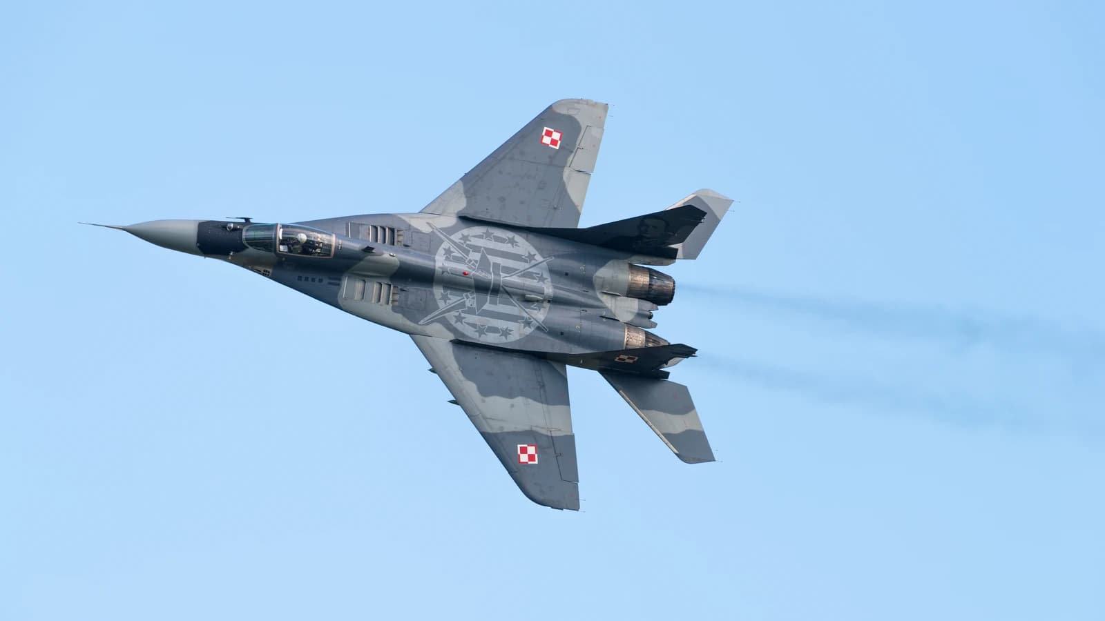 Polish Air Force MiG-29A Fulcrum fighter jet flying through the air.