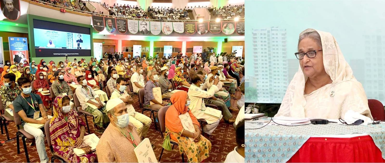 Prime Minister Sheikh Hasina speaking at a housing project handover ceremony in Dhaka.
